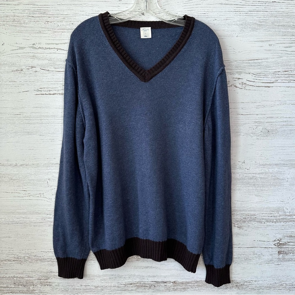 TOSCANO Wool Cashmere V Neck Ringer Sweater Men’s L Blue Brown
